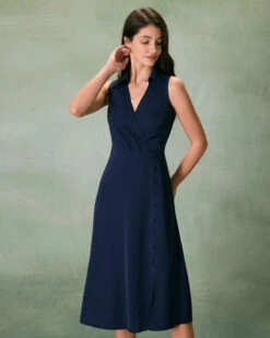 The Navy Collared Ruched Sleeveless Midi Dress -CINN Clothing Shop the navy collared ruched midi dress navy dresses fwchlw
