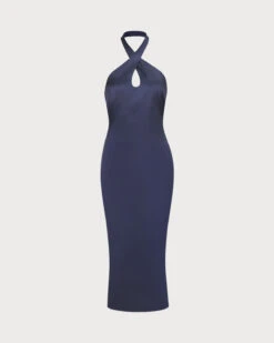 The Navy Cut-Out Satin Halter Midi Dress -CINN Clothing Shop the navy cut out satin midi dress navy dresses 9blkeo