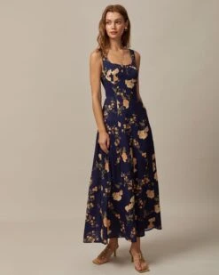 The Navy Sweetheart Neck Floral Maxi Dress