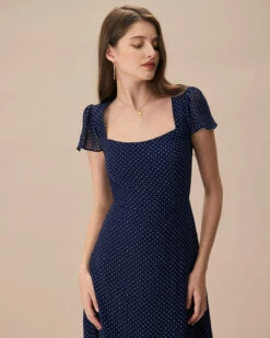 The Navy Polka Dot Cutout Midi Dress -CINN Clothing Shop the navy polka dot cutout back midi dress dresses vkxljl