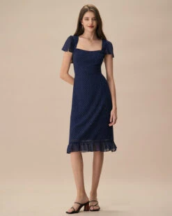 The Navy Polka Dot Cutout Midi Dress -CINN Clothing Shop the navy polka dot cutout back midi dress navy dresses no474a