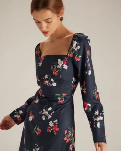 The Navy Square Neck Floral Shirred Midi Dress 8 The Navy Square Neck Floral Shirred Midi Dress -CINN Clothing Shop the navy square neck floral dress dresses bpb3qh