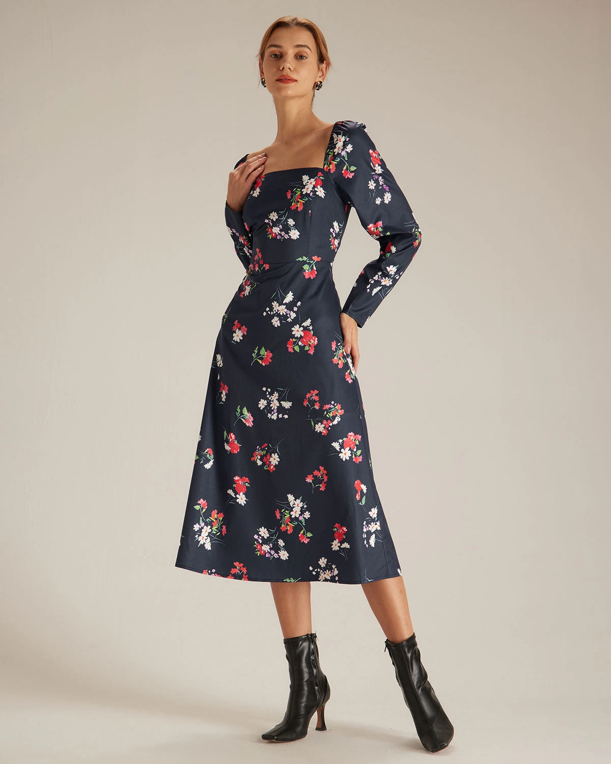 The Navy Square Neck Floral Shirred Midi Dress 2 The Navy Square Neck Floral Shirred Midi Dress - Image 2