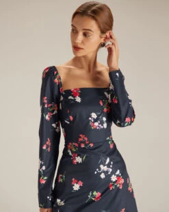 The Navy Square Neck Floral Shirred Midi Dress 9 The Navy Square Neck Floral Shirred Midi Dress -CINN Clothing Shop the navy square neck floral dress dresses za6eym