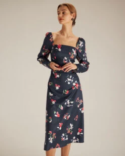 The Navy Square Neck Floral Shirred Midi Dress