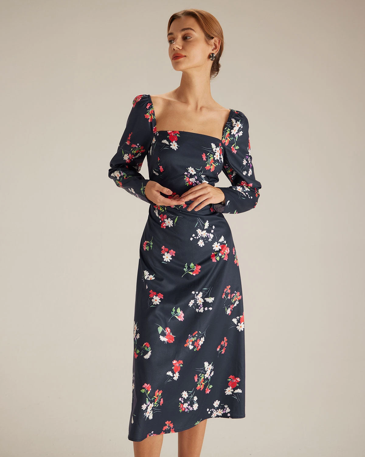 The Navy Square Neck Floral Shirred Midi Dress 1 The Navy Square Neck Floral Shirred Midi Dress