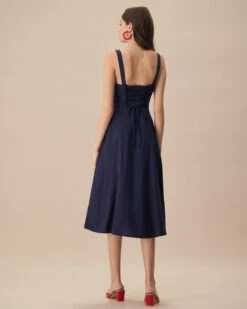 The Navy Square Neck Ruched Slip Midi Dress 9 The Navy Square Neck Ruched Slip Midi Dress -CINN Clothing Shop the navy square neck ruched solid midi dress dresses ewl33f