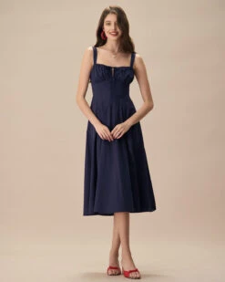 The Navy Square Neck Ruched Slip Midi Dress 7 The Navy Square Neck Ruched Slip Midi Dress -CINN Clothing Shop the navy square neck ruched solid midi dress dresses mn5jvv