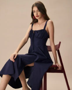 The Navy Square Neck Ruched Slip Midi Dress 8 The Navy Square Neck Ruched Slip Midi Dress -CINN Clothing Shop the navy square neck ruched solid midi dress dresses relcdu