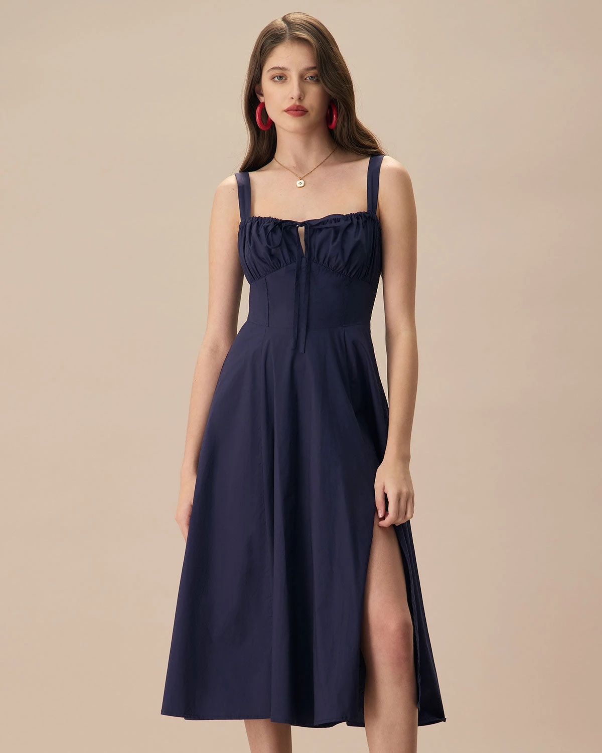 The Navy Square Neck Ruched Slip Midi Dress 1 The Navy Square Neck Ruched Slip Midi Dress