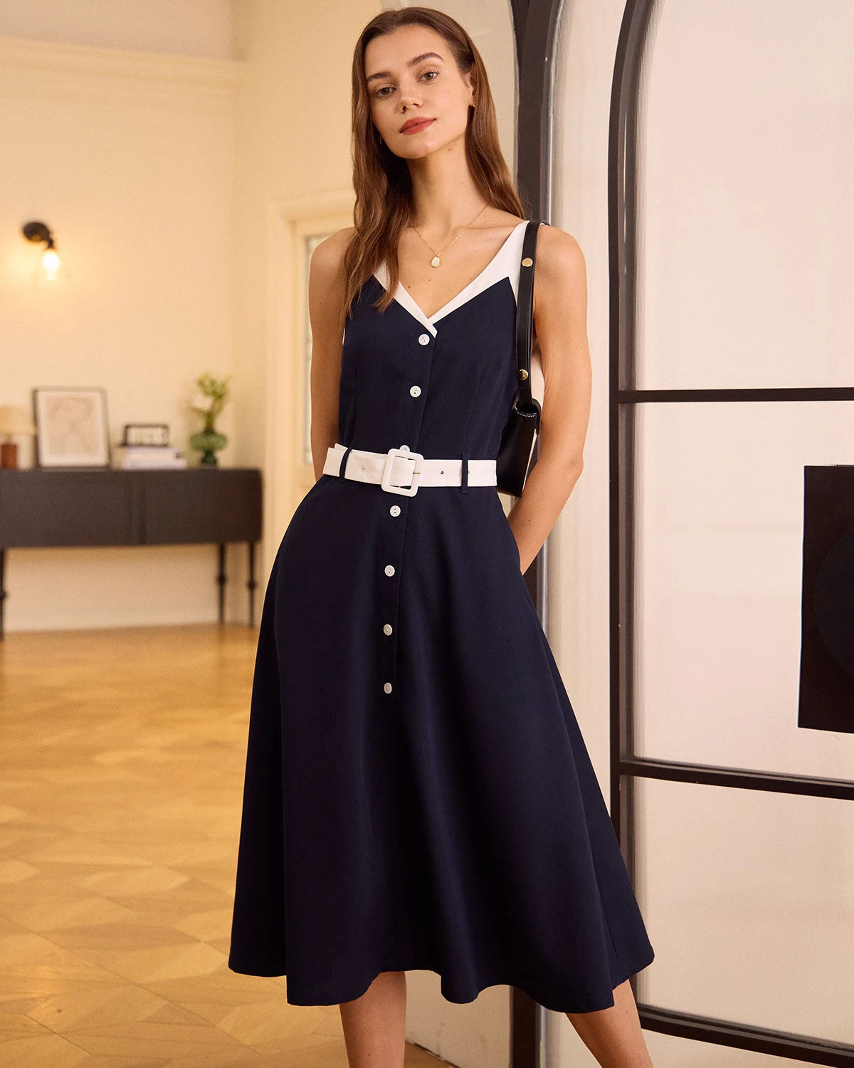 The Navy V Neck Colorblock Belted Midi Dress 3 The Navy V Neck Colorblock Belted Midi Dress - Image 3