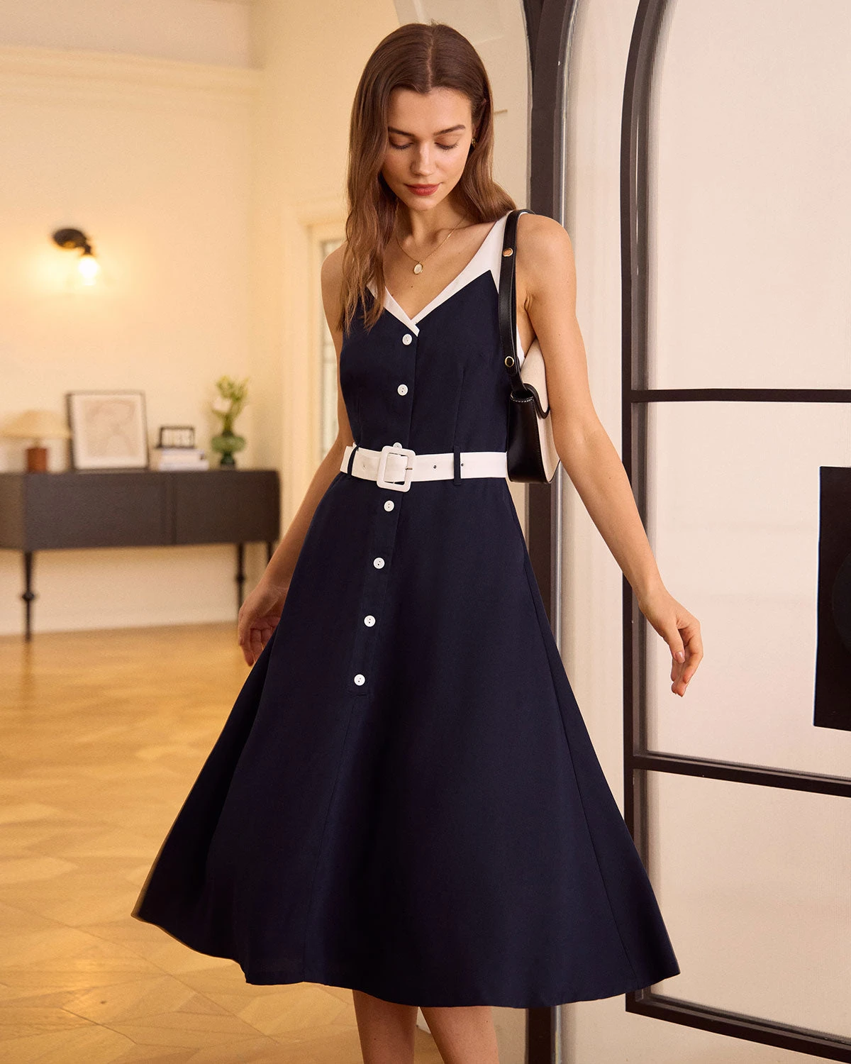 The Navy V Neck Colorblock Belted Midi Dress 1 The Navy V Neck Colorblock Belted Midi Dress