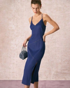 The Navy V-Neck Side Split Slip Midi Dress 10 The Navy V-Neck Side Split Slip Midi Dress -CINN Clothing Shop the navy v neck side split midi dress dresses 3kvnze