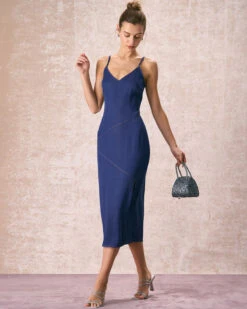 The Navy V-Neck Side Split Slip Midi Dress 9 The Navy V-Neck Side Split Slip Midi Dress -CINN Clothing Shop the navy v neck side split midi dress dresses fm9nne