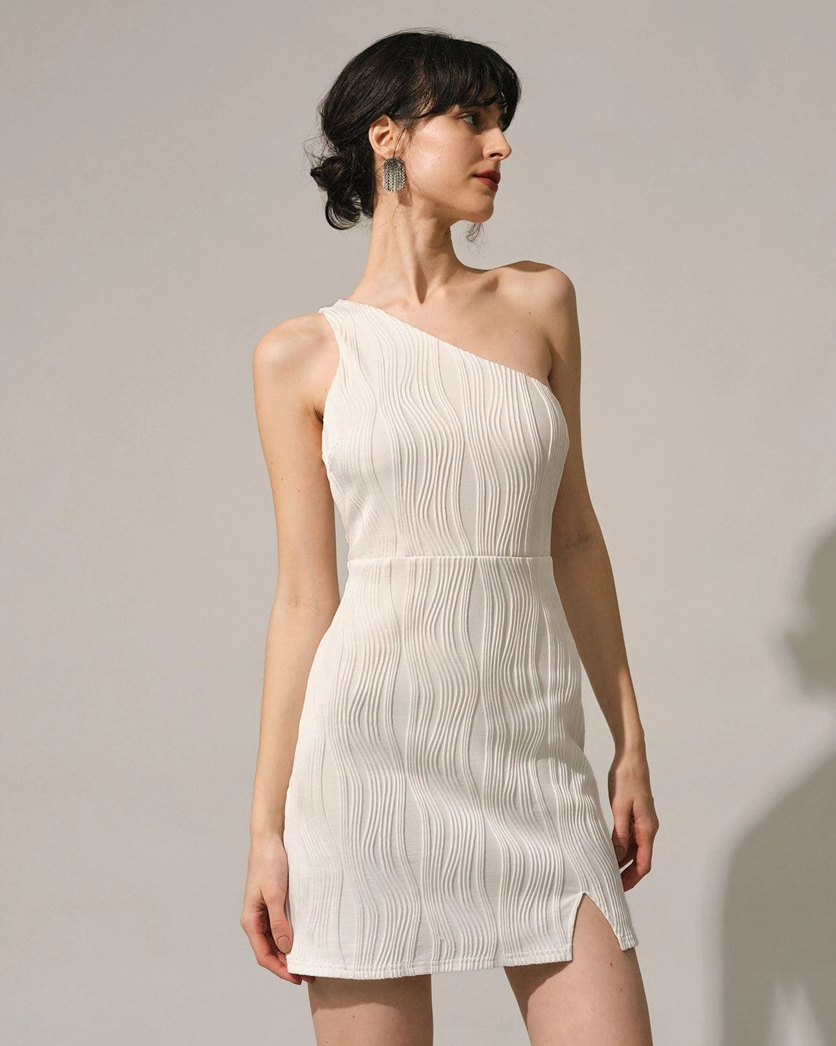 The White One-Shoulder Water Ripple Mini Dress 3 The White One-Shoulder Water Ripple Mini Dress - Image 3