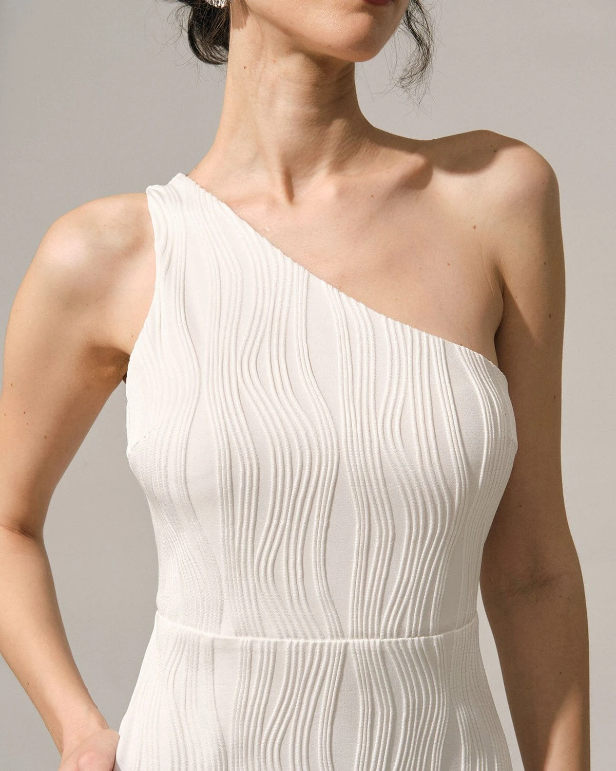 The White One-Shoulder Water Ripple Mini Dress 2 The White One-Shoulder Water Ripple Mini Dress - Image 2