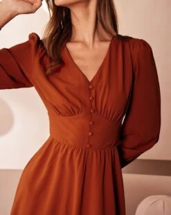 The Orange V Neck Pleated Button Midi Dress 8 The Orange V Neck Pleated Button Midi Dress -CINN Clothing Shop the orange v neck ruched midi dress dresses nqeblt 240443