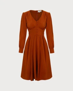 The Orange V Neck Pleated Button Midi Dress 11 The Orange V Neck Pleated Button Midi Dress -CINN Clothing Shop the orange v neck ruched midi dress dresses upyvlf