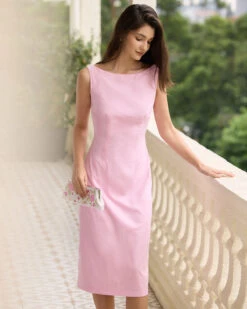 The Pink Boat Neck Cotton Linen Slit Midi Dress -CINN Clothing Shop the pink boat neck sleeveless midi dress dresses dsstvo