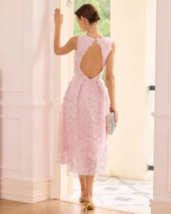 The Pink Round Neck Backless Midi Dress -CINN Clothing Shop the pink round neck backless midi dress dresses elxfrm