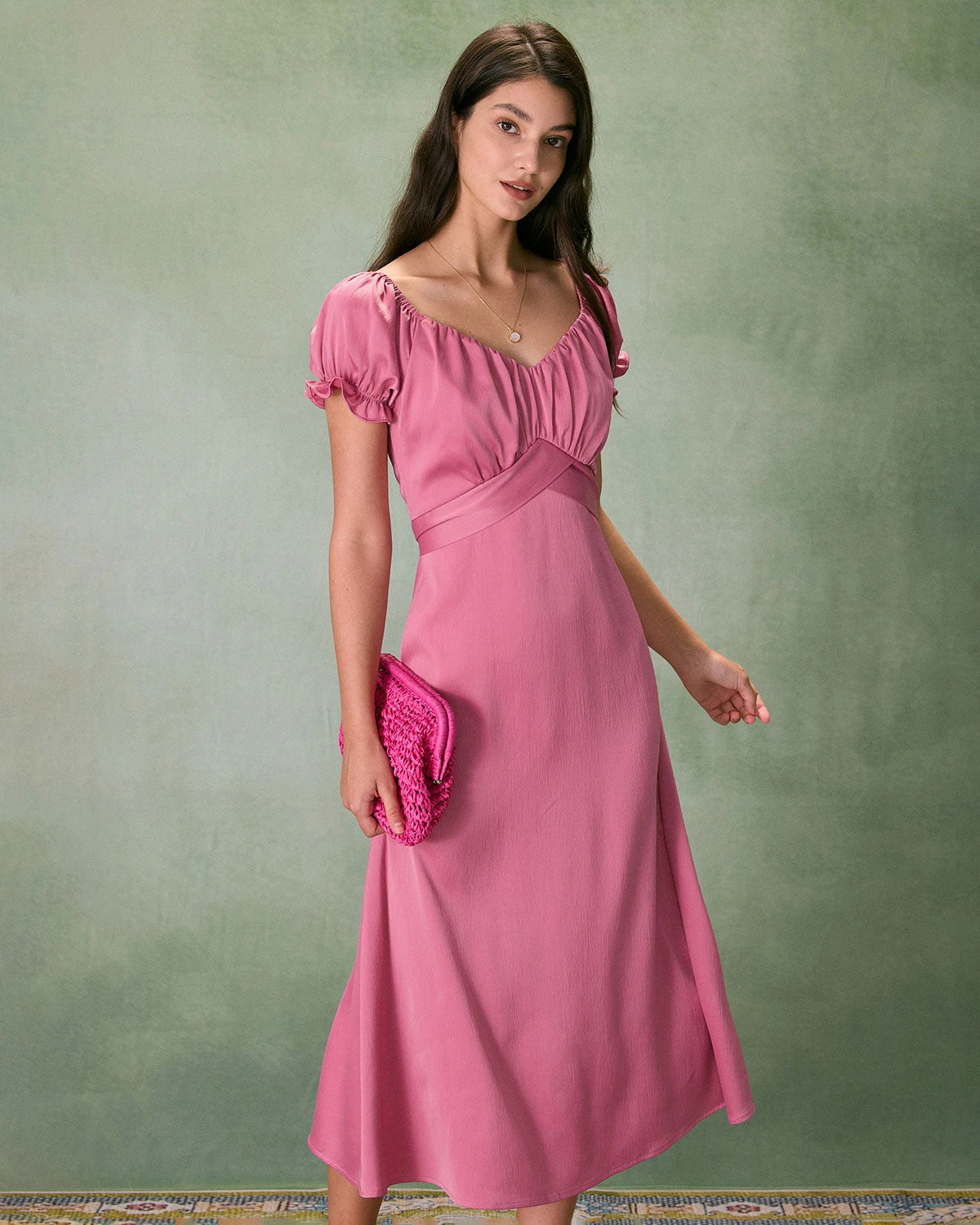 The Pink Sweetheart Neck Ruched Satin Midi Dress 4 The Pink Sweetheart Neck Ruched Satin Midi Dress - Image 4