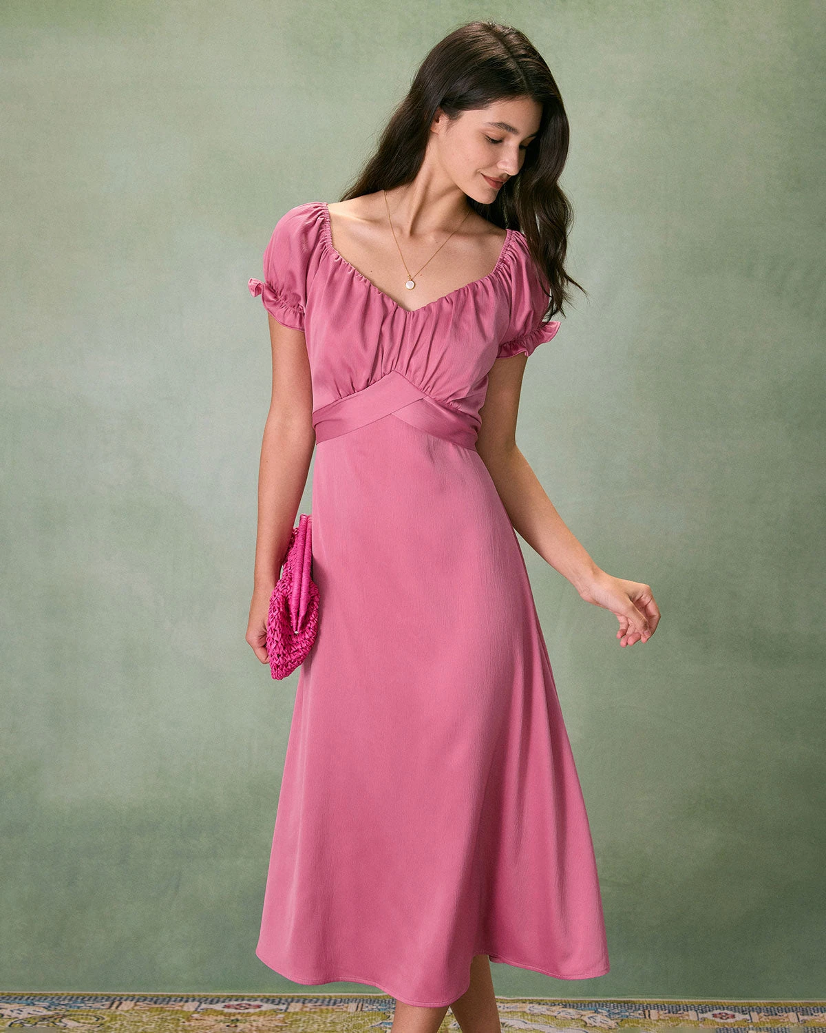 The Pink Sweetheart Neck Ruched Satin Midi Dress 3 The Pink Sweetheart Neck Ruched Satin Midi Dress - Image 3