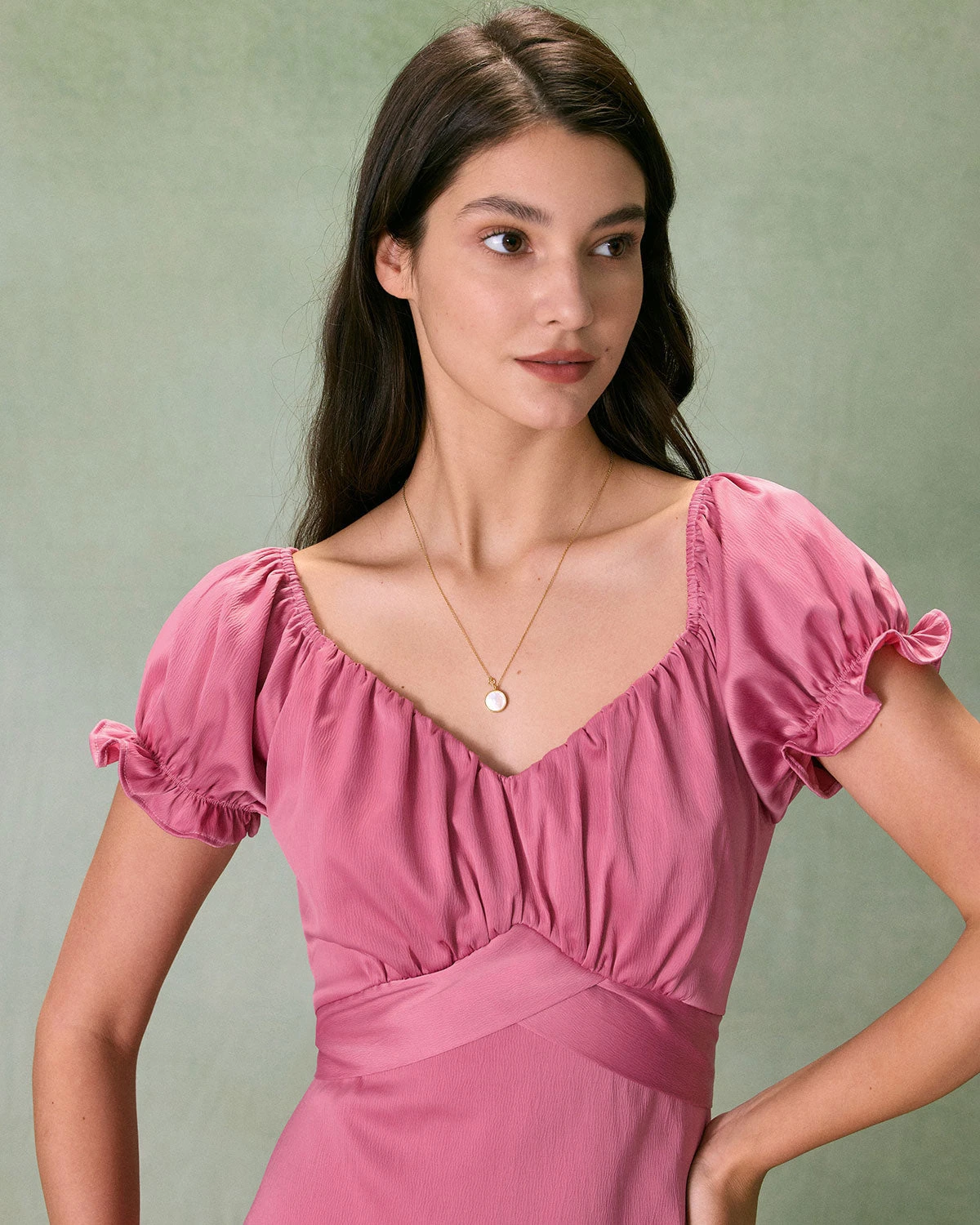The Pink Sweetheart Neck Ruched Satin Midi Dress 2 The Pink Sweetheart Neck Ruched Satin Midi Dress - Image 2