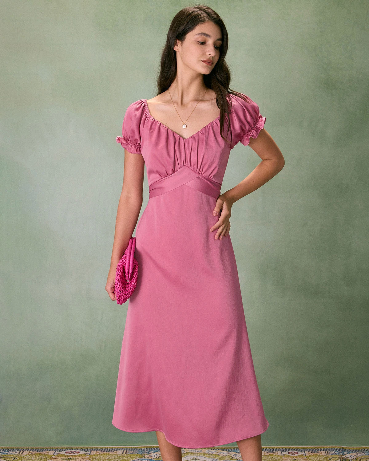 The Pink Sweetheart Neck Ruched Satin Midi Dress 1 The Pink Sweetheart Neck Ruched Satin Midi Dress