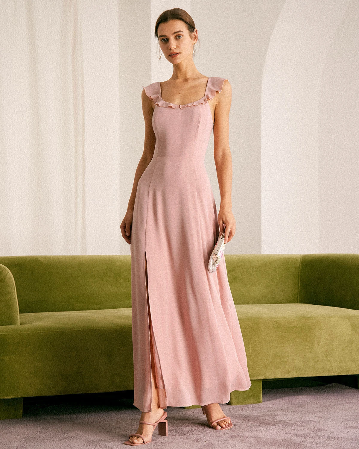 The Pink Ruffled Sleeveless Slit Maxi Dress 1 The Pink Ruffled Sleeveless Slit Maxi Dress