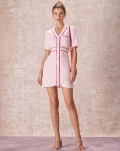The Pink V Neck Contrast Trim Mini Dress -CINN Clothing Shop the pink v neck contrast trim mini dress dresses e47ywf