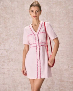 The Pink V Neck Contrast Trim Mini Dress -CINN Clothing Shop the pink v neck contrast trim mini dress pink dresses coh3ft