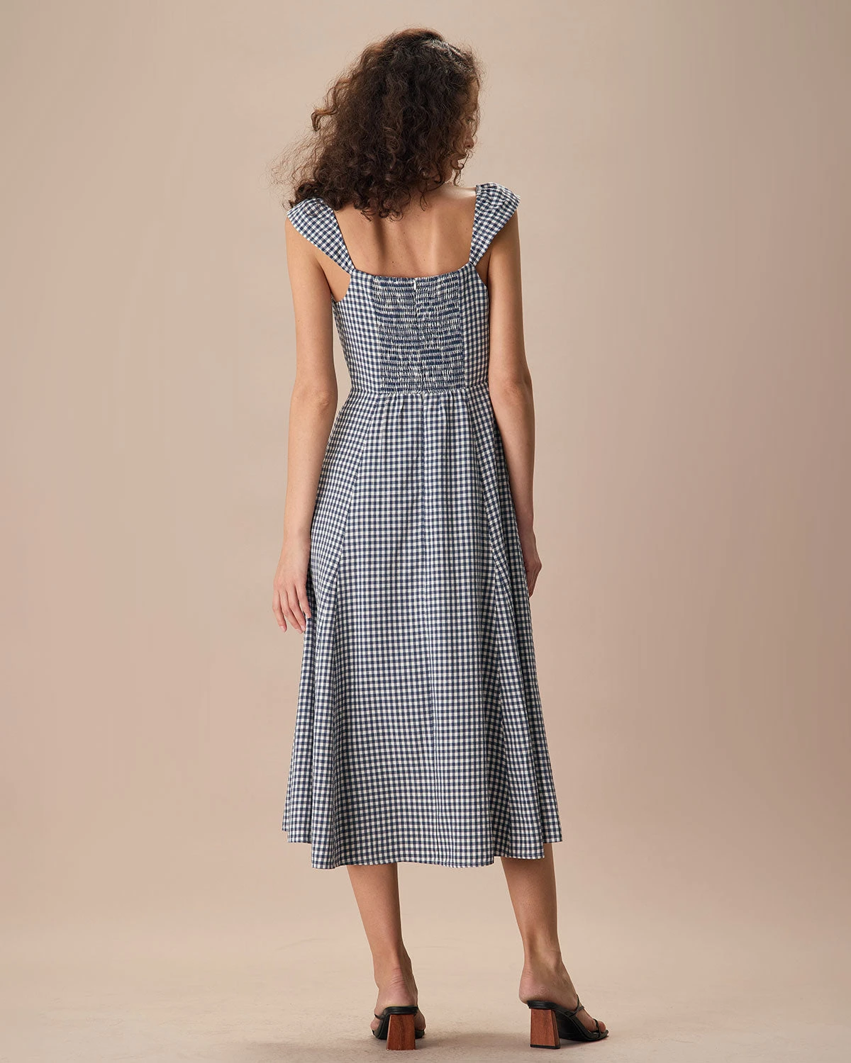 The Navy Plaid Shirred Back Midi Dress 4 The Navy Plaid Shirred Back Midi Dress - Image 4