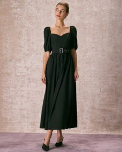 The Black Sweetheart Neck Puff Sleeve Belt Maxi Dress -CINN Clothing Shop the puff sleeve belt maxi dress dresses 7ns557