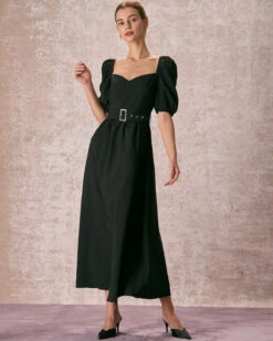 The Black Sweetheart Neck Puff Sleeve Belt Maxi Dress -CINN Clothing Shop the puff sleeve belt maxi dress dresses 9mtxrl