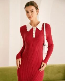 The Red Collared Colorblock Long Sleeve Sweater Dress -CINN Clothing Shop the red collared colorblock sweater dress dresses bnsxro