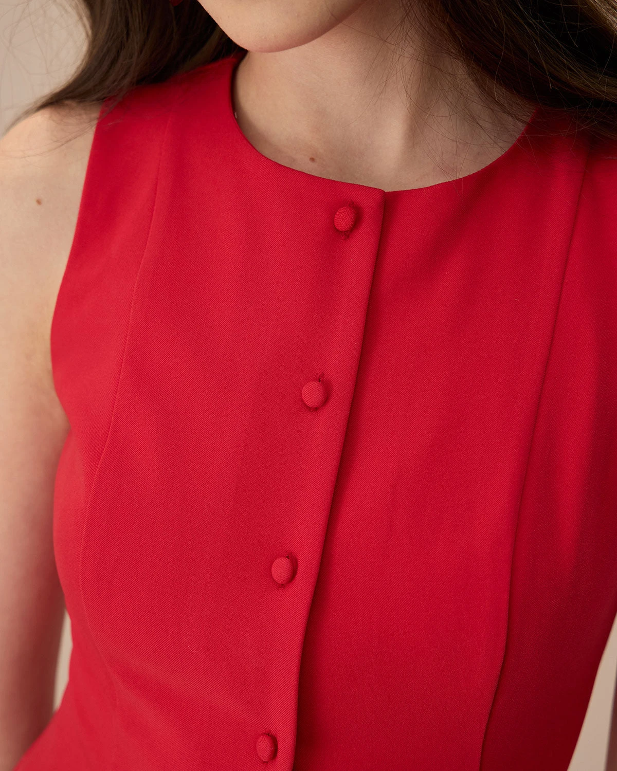 The Red Round Neck Button Mini Dress 2 The Red Round Neck Button Mini Dress - Image 2