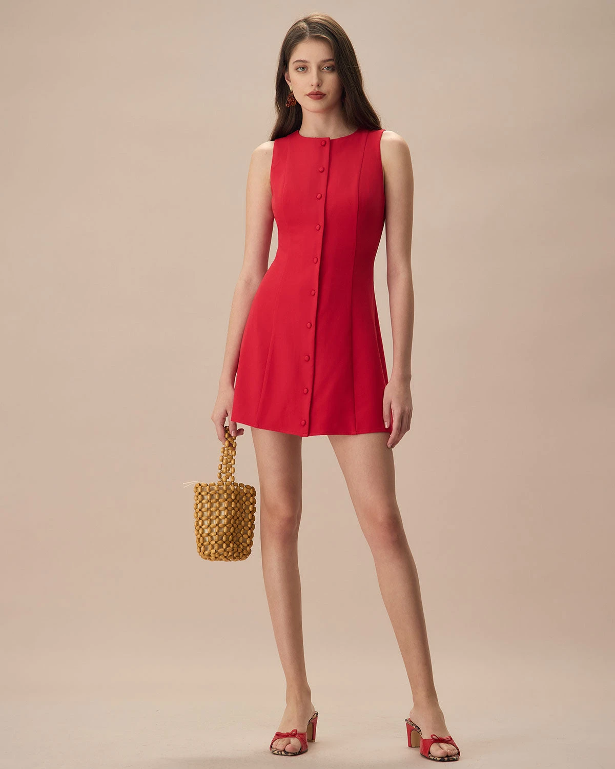 The Red Round Neck Button Mini Dress 3 The Red Round Neck Button Mini Dress - Image 3