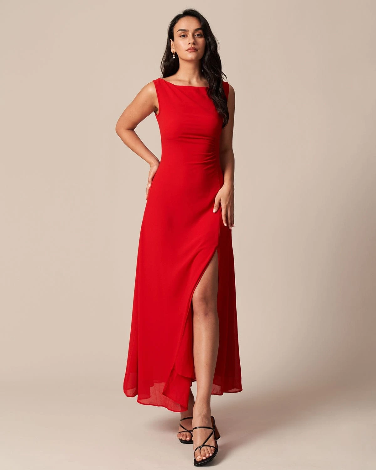The Red Cowl Neck Cutout Ruched Maxi Dress 1 The Red Cowl Neck Cutout Ruched Maxi Dress