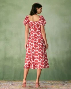 The Red Square Neck Floral Ruched Midi Dress -CINN Clothing Shop the red square neck floral ruched midi dress dresses 57kqdk