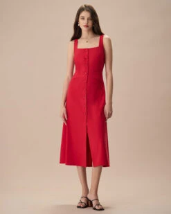 The Red Square Neck Pocket Midi Dress -CINN Clothing Shop the red square neck pocket front midi dress dresses 0f2ljk