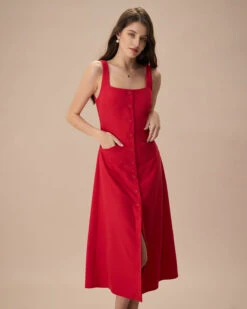 The Red Square Neck Pocket Midi Dress -CINN Clothing Shop the red square neck pocket front midi dress dresses 45kf3u