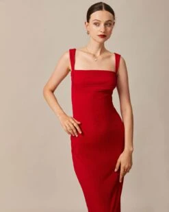The Red Square Neck Ribbed Midi Dress -CINN Clothing Shop the red square neck ribbed midi dress dresses 1jwisr 778353