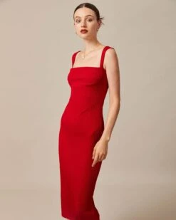 The Red Square Neck Ribbed Midi Dress -CINN Clothing Shop the red square neck ribbed midi dress dresses cctatl 290299