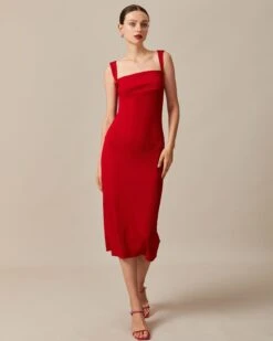 The Red Square Neck Ribbed Midi Dress -CINN Clothing Shop the red square neck ribbed midi dress dresses i0uzut 727504