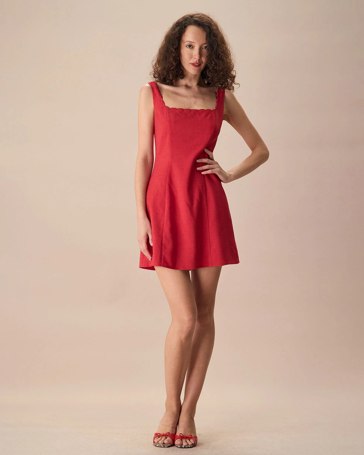 The Red Square Neck Scalloped Mini Dress 3 The Red Square Neck Scalloped Mini Dress - Image 3