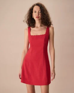 The Red Square Neck Scalloped Mini Dress
