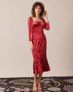 The Red Square Neck Floral Velvet Midi Dress -CINN Clothing Shop the red square neck velvet midi dress dresses 4r33ju 123558
