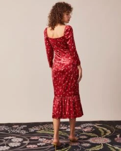 The Red Square Neck Floral Velvet Midi Dress -CINN Clothing Shop the red square neck velvet midi dress dresses zxla3r 215612