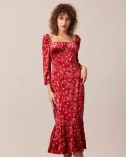 The Red Square Neck Floral Velvet Midi Dress -CINN Clothing Shop the red square neck velvet midi dress red dresses 9lyei0 907676