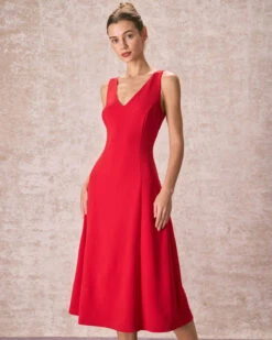 The Red V Neck Sleeveless A-Line Midi Dress 7 The Red V Neck Sleeveless A-Line Midi Dress -CINN Clothing Shop the red v neck a line dress dresses noaliv